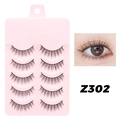 Natural 5-pair false eyelashes set Z302 in pink tray with eye makeup application result - Z302 Cotton Thread Stem - 5 Pairs