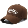 Brown canvas baseball cap with white 'LEGEND' 3D embroidery, 45-degree side view profile - Adjustable / Dark Coffee