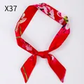 Narrow red floral satin scarf with white blossoms and green leaves for handbags - X37-Multi