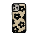 Funda de felpa para iPhone Pro con bordado floral en blanco y negro y textura de leopardo - Bordado de Felpa con Flor Negra / iPhone 13/14