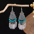 Macro shot of bohemian feather tassel earrings with turquoise beads on a wooden branch - Antique Silver + Sky Blue Beads + Feather (E5775-27/Antique Silver)