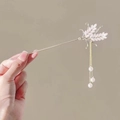 Detail of silver magnolia hair stick with wheat leaf design and three hanging pearls - Wheat Ear