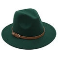 Detail of dark green wool fedora hat featuring a brown leather band and gold buckle - M (56-58cm) / Dark Green (Heart Buckle Belt)