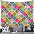 Detailed view of colorful mandala tapestry hanging over a sofa in a boho living room - 100x70cm / Style 11 (Rose-Cyan Mandala Color-Block)