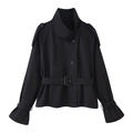 Detail of black cropped trench coat with high collar, double-breasted buttons, and waist belt - S / Black