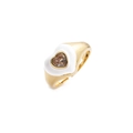 Detail of white enamel heart ring with center zircon stone on gold plated band - Adjustable Open / White