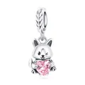 Adorable S925 sterling silver fox charm clutching a large pink heart-shaped gemstone - Cute Corgi Holding Heart Pendant 0302