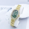 Elegant gold quartz watch with a green oval dial and sparkling diamond-set bezel for women - Gold Green