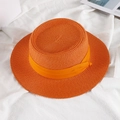 Orange flat top straw sun hat with matching ribbon on white textured fabric - M (56-58cm) / Orange