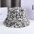 Detail of plush black and white leopard print faux fur bucket hat with soft texture - M (56-58cm) / Leopard 1#