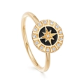 Gold eight-pointed star signet ring with black enamel and zircon halo, 925 silver base - Style 19/925 Silver Black Enamel Star
