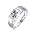 Adjustable 925 silver moissanite ring for men with round center stone and side accents - Silver/Side Diamonds/1 Carat/6.5mm