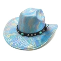 Dettaglio cappello da cowboy blu iridescente effetto serpente con borchie e turchese - M (56-58cm) / Blu lago