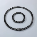 Black stainless steel Cuban link necklace and bracelet set with magnetic clasp - Style B Square Clasp / 9mm Wide x 21cm Long (Bracelet) / Black