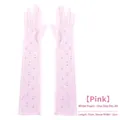 Pink long mesh bridal gloves with white pearl embellishments 55cm length - Pink (Full Finger With Pearls)