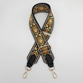 Detail of bohemian embroidery canvas bag strap with golden metal spring clips - Light Brown + Black Leather + Gold Hook