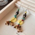 Detail view of ethnic tassel earrings with wood beads, resin rings and natural stones - Ethnic Long Wooden Bead Gravel Patchwork Earrings (14# Ear Hook)