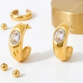 Golden C-shaped stainless steel earrings featuring an oval zircon inlay - Gold Base White Stone (KDE861)