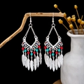 Bohemian silver drop earrings with red blue beads and feather charms on branch - Silver Red Cyan Feather Multi Bead(E4958-5)