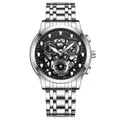 Silver stainless steel men's watch with black skeleton dial and multi-function sub-dials - Black Dial Silver Chain