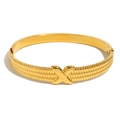Polished 18K gold plated stainless steel bracelet with X pattern and beaded texture - X-Pattern Hinge Style / Gold