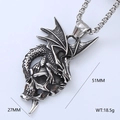 Detailed view of vintage silver dragon skeleton pendant with size and weight dimensions - Double Dragon Around Skull Style (Style 13)