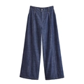 Women's high waist wide leg denim trousers in dark blue with orange contrast stitching - XS / Bottoms / Denim Blue