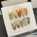Macro shot of 10pcs handmade press-on nails with 3D tulip hand-painted relief and pearls - XS / Chinese Relief Gold Edge Tulip Pearl (40)