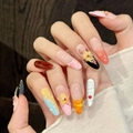 Long almond press-on nails with 3D floral art, gradient tones, and realistic water drops - L / 932-Long Oval Style