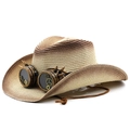 Steampunk straw cowboy hat with vintage goggles, metallic gears and adjustable chin cord - M (56-58cm) / Beige Coffee Gradient