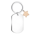 Detail view of a polished stainless steel rectangular tag keychain with a pink glitter star - Star Charm