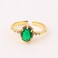 Vintage emerald green zircon adjustable ring with gold plating and white stones - Large Oval Emerald Centerpiece Style (Style 8)