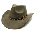 Detailed view of leopard print belt and metal buckle on olive brown suede cowboy hat - Army Green / M (56-58cm)