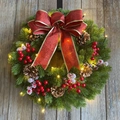 Ghirlanda natalizia in PE 40cm con luci LED, fiocchi rossi e bacche su sfondo legno - Decorazione Bacche Rosse Con Luci