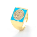 Gold open adjustable ring with blue enamel square top and sparkling gemstone smiley face - Adjustable Open / Blue