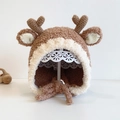 Brown and beige knitted baby winter hat with cute 3D antlers and chin straps - Coffee Deer - Lined