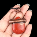 Vintage red jasper teardrop pendant with copper wire wrapping and black cord strap - Red Jasper