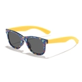 Kinder Sonnenbrille in Dunkelblau mit Dino-Print und gelben Bügeln für Draußen - Dinosaurier-Druck Dunkelblauer Rahmen Gelbe Bügel Graue Gläser