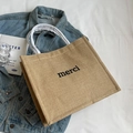 Linen tote bag with black merci print and white cotton rope handles in natural beige color - Merci Letter Print
