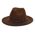 Detail of dark brown fedora hat with black leather band and gold metal rivet accents - M (56-58cm) / Coffee
