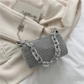 Sparkling silver rhinestone crossbody bag with thick chain handle and long metal strap - Silver