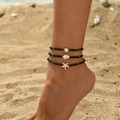 Bohemian anklet set with turquoise starfish charms and black beads on sandy beach - 3Pcs/Set (Black Beads/White Marble Pattern/Starfish) / Black and White