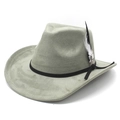 Detailed view of grey suede cowboy hat featuring a black band and a natural feather accent - M (56-59cm) / Army Green