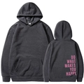 Dark gray oversized hoodie with pink Do What Makes You Happy slogan on back, size M - S / Dark Grey Slogan
