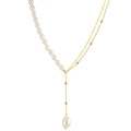 Elegant Y-shaped necklace with freshwater pearls and golden paperclip chain style - Y-Shape Mixed Necklace with Rice Pearl and Paperclip Chain (Gold)