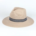 Detail of breathable paper straw fedora with black and white woven stripe band - Adjustable / Coffee