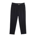 Detail of high waisted black trousers with a matching belt and gold crescent buckle - XS / Black