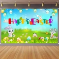 Detail of Happy Easter banner featuring cartoon bunnies and colorful eggs on white wall - HAPPY EASTER Cartoon Background (Three Rabbits) (ED09)
