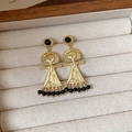Macro detail of vintage gold portrait earrings with black gemstones in a jewelry box - Vintage Gold Portrait Beaded Drop Earrings (32# Silver Needle-Gold-Black)