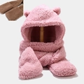 Set cappuccio con orecchie da orso in peluche rosa e marrone con sciarpa e guanti - M (56-58cm) / Orecchie di Orso Con Tasche Set da 3 Pezzi Rosa